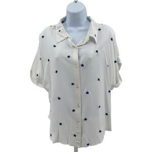 Japna Shirt WMNS L White Blue Stars Embroidery Cuffed Short Sleeve Relaxed Fit